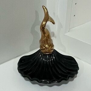 Vintage Ceramic Seashell Gold Dolphin Trinket Jewelry Soap Dish Cottage Grandma